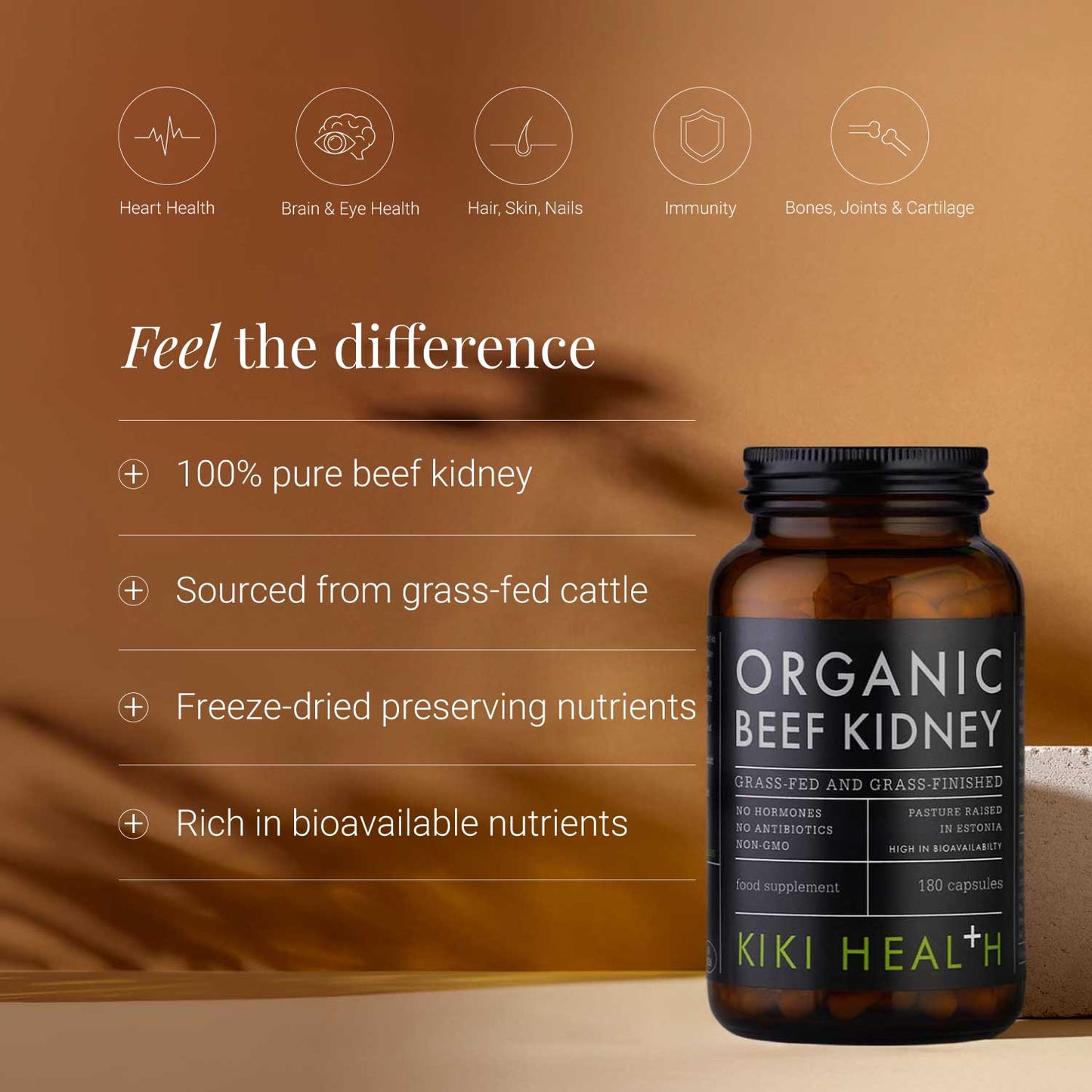 Organic Beef Kidney 100% Grass-Fed - 180 Capsules | KIKI Health